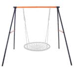 A swing set with an orange and black frame.