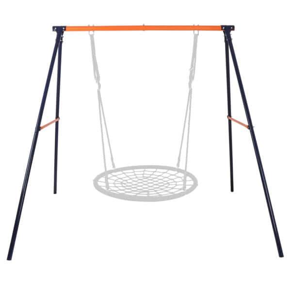 A swing set with an orange and black frame.