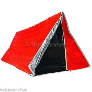 Red and black triangular emergency tent.