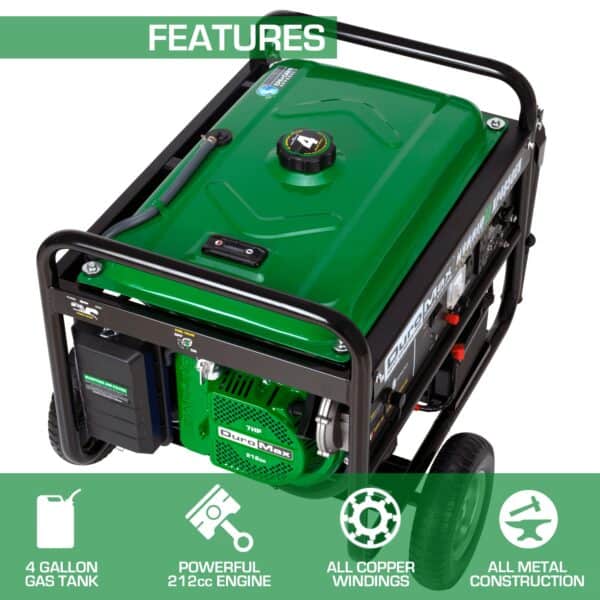 Green portable power generator highlighting features such as a 4-gallon gas tank, powerful 212cc engine, all copper windings, and all metal construction.