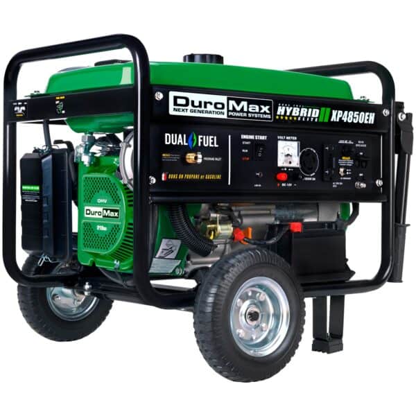 Portable dual-fuel generator with wheels and an electric start feature.