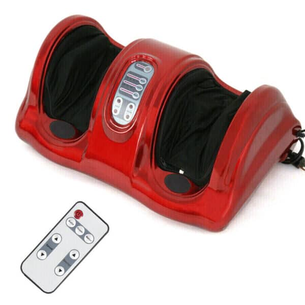 A red foot massager with remote control.