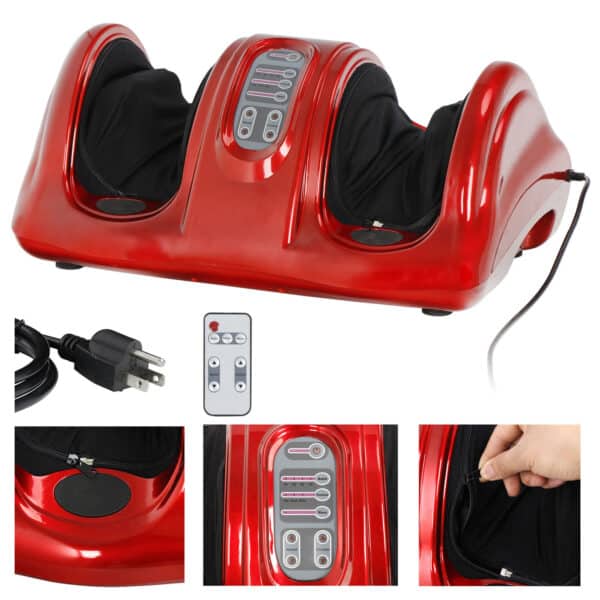 A red foot massager with a remote control.