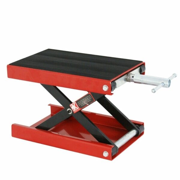 An image of a red and black motorcycle lift table.