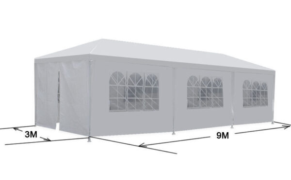 An image of a white tent with measurements.