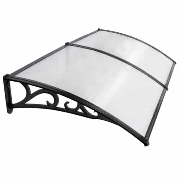 A black and white awning with a white frame.