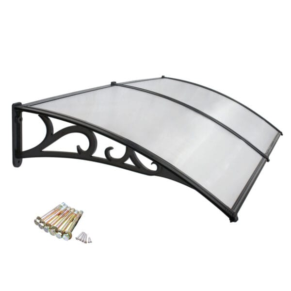 A black and white awning with screws and nails.