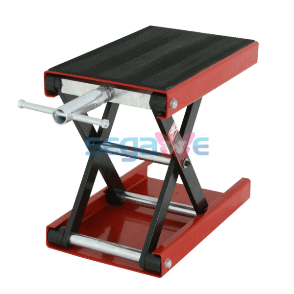 A red and black motorcycle lift stand on a white background.