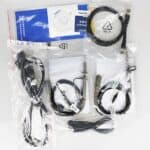 Various electronic accessories packed in clear plastic bags.