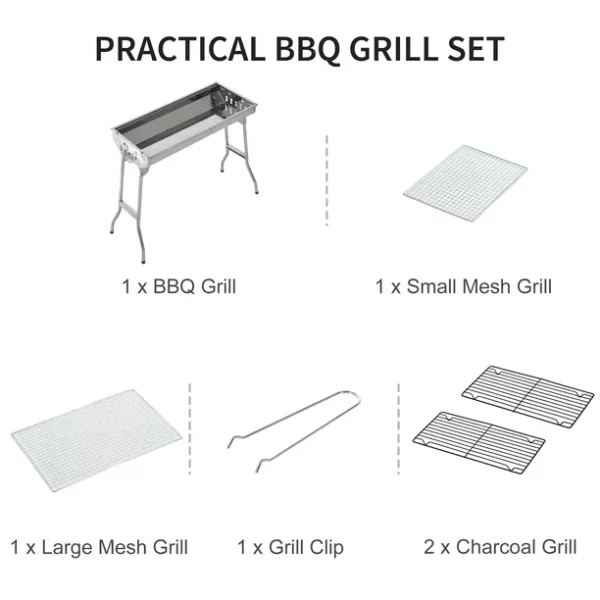 BBQ Charcoal Grill Stainless Steel Fordable Backyard Cooker Silver