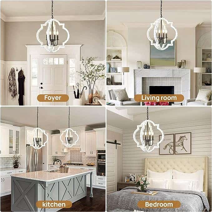 21.7 Farmhouse Wood Chandelier Light Fixture 4Light Handmade Distressed White Geometric Hanging Pendant Lighting for Dining Room Kitchen Island Entryway stairwell Colour White 1