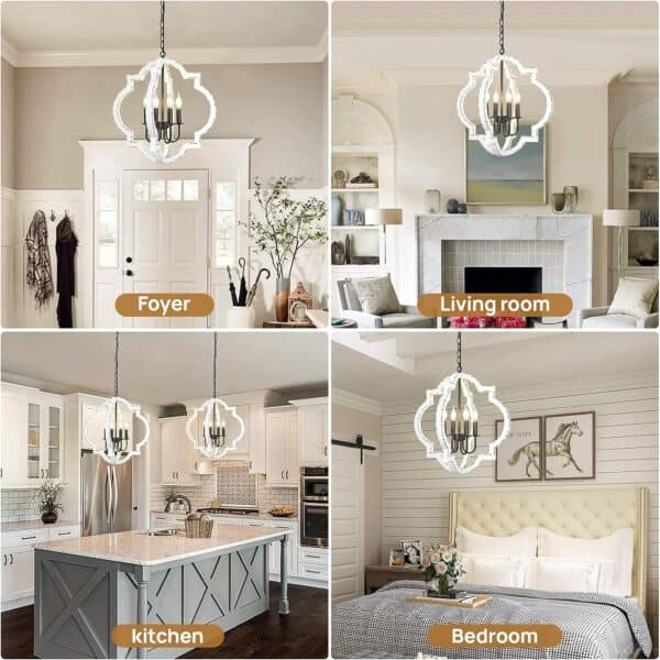 Four interior images labeled: foyer with 21.7" Farmhouse Wood Chandelier Light Fixture and door, living room with fireplace, kitchen with island, bedroom with bed and wall decor.