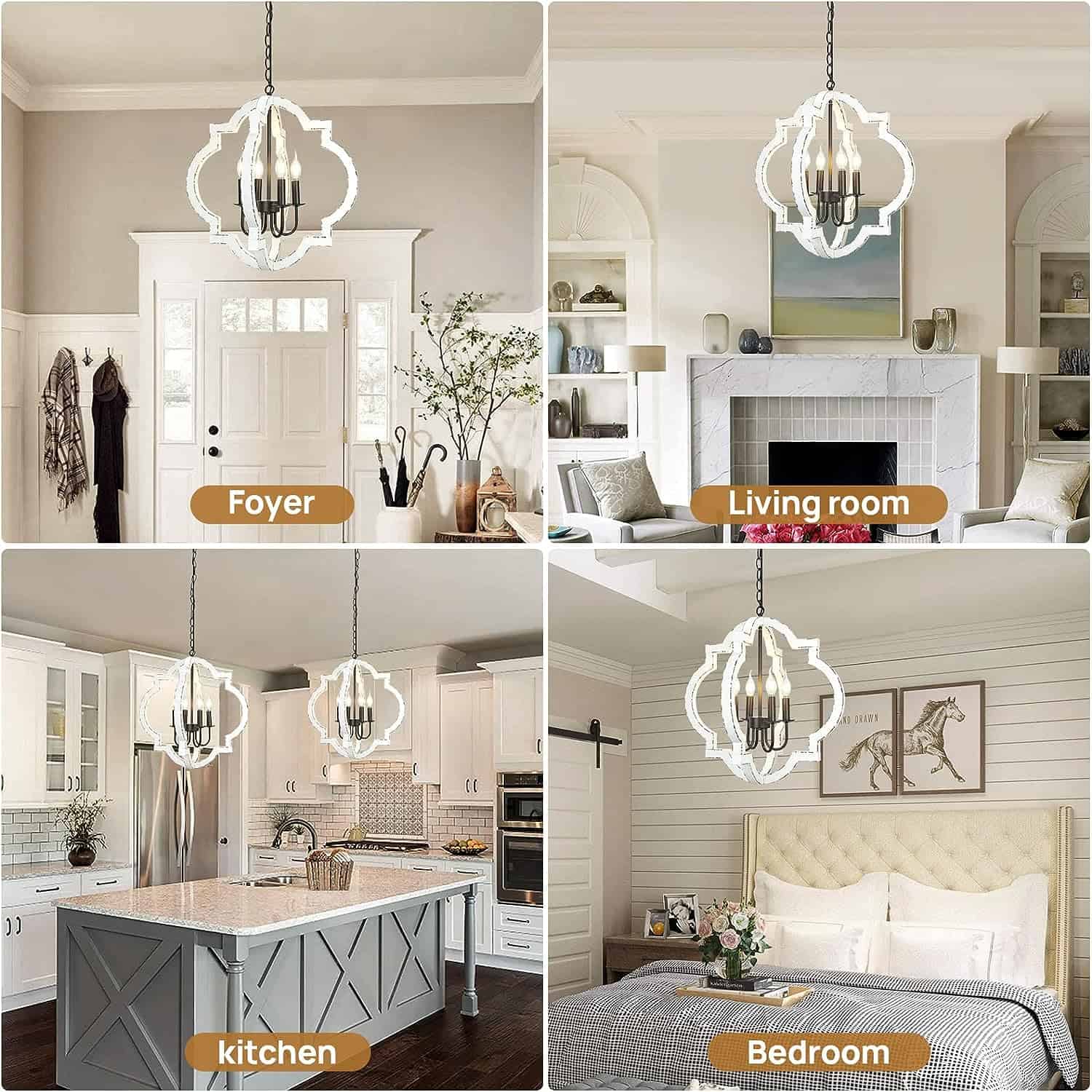 21.7 Farmhouse Wood Chandelier Light Fixture 4Light Handmade Distressed White Geometric Hanging Pendant Lighting for Dining Room Kitchen Island Entryway stairwell Colour White 3