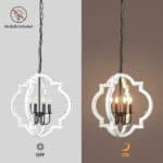 Two images of a 21.7" Farmhouse Wood Chandelier Light Fixture, Handmade Distressed White Geometric Hanging Pendant Lighting, one showing the light off and one on, with "no bulb included" text and on/off icons.