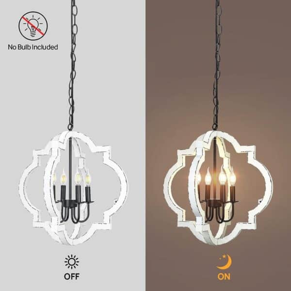 Two images of a 21.7" Farmhouse Wood Chandelier Light Fixture, Handmade Distressed White Geometric Hanging Pendant Lighting, one showing the light off and one on, with "no bulb included" text and on/off icons.