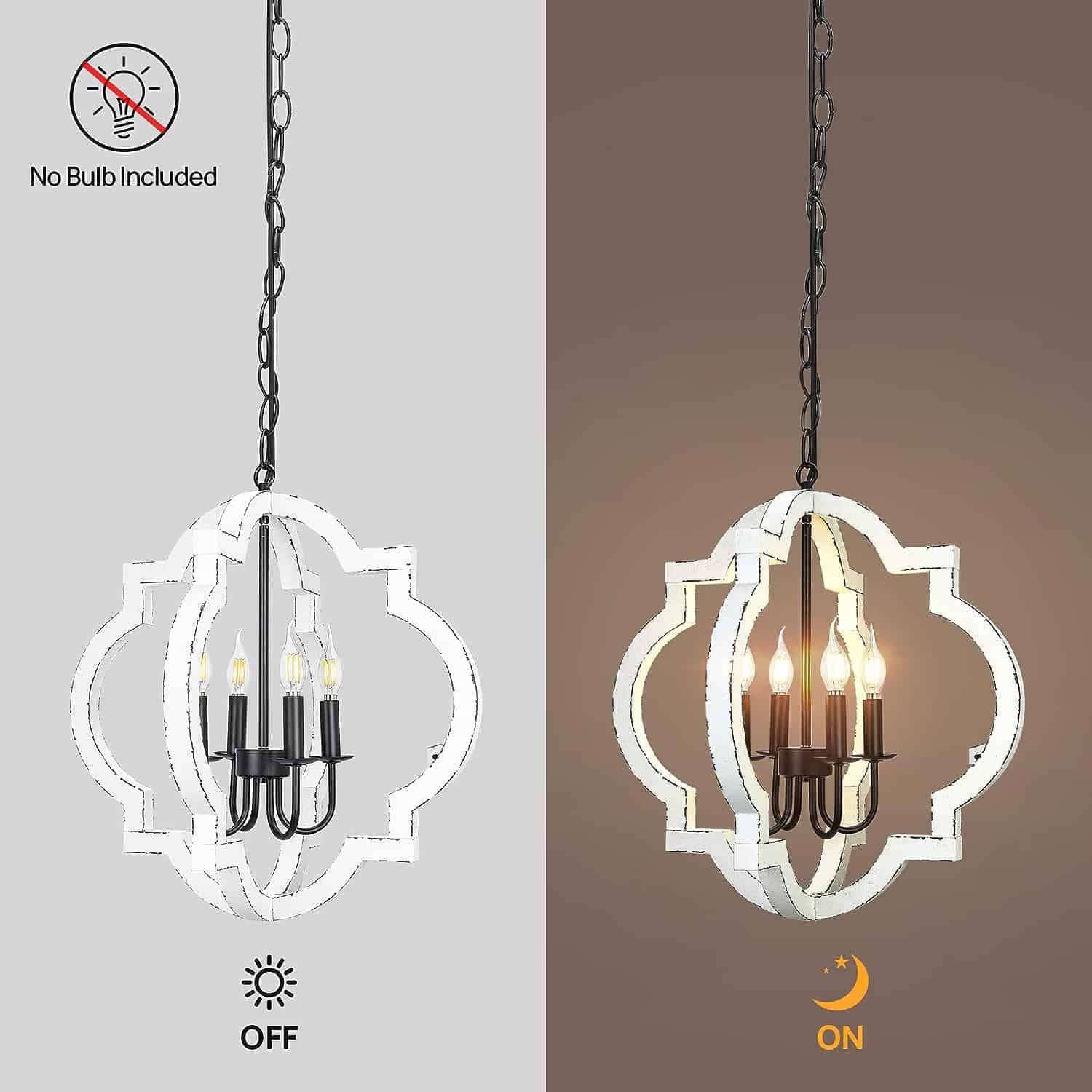 21.7 Farmhouse Wood Chandelier Light Fixture 4Light Handmade Distressed White Geometric Hanging Pendant Lighting for Dining Room Kitchen Island Entryway stairwell Colour White 4