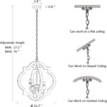 21.7" Farmhouse Wood Chandelier Light Fixture diagram showing an adjustable-height fixture with dimensions, and adaptations for flat and sloped ceilings.