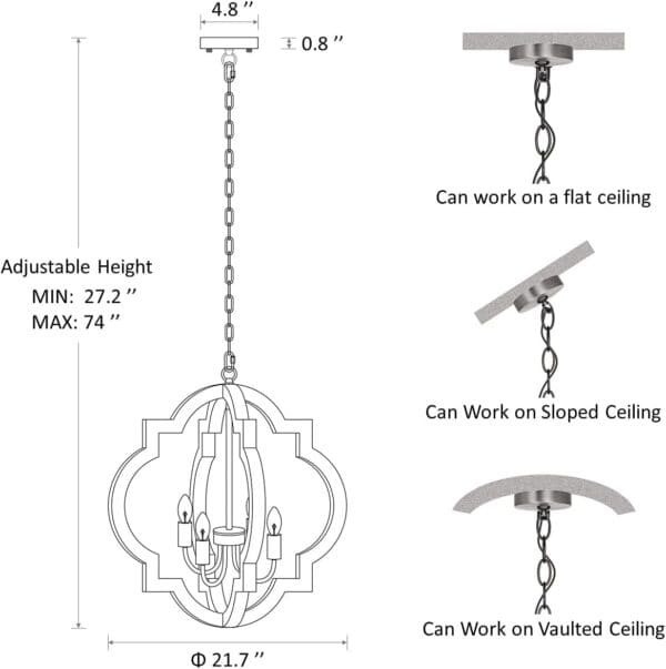 21.7" Farmhouse Wood Chandelier Light Fixture diagram showing an adjustable-height fixture with dimensions, and adaptations for flat and sloped ceilings.