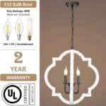 The 21.7" Farmhouse Wood Chandelier Light Fixture, Handmade Distressed White Geometric Hanging Pendant Lighting with a circular, ornate frame and three candle-like bulbs, shown with a 2-year warranty badge and bulb type options.