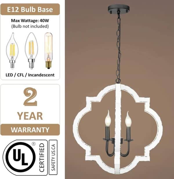 The 21.7" Farmhouse Wood Chandelier Light Fixture, Handmade Distressed White Geometric Hanging Pendant Lighting with a circular, ornate frame and three candle-like bulbs, shown with a 2-year warranty badge and bulb type options.