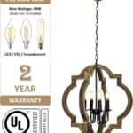 21.7" Farmhouse wooden orb chandelier with a metal frame and four candle-style bulb holders, suspended from a chain. Includes a warranty card and UL safety certification. Bulbs not included.