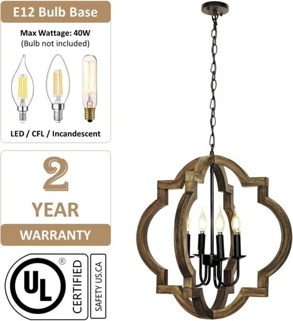 21.7" Farmhouse wooden orb chandelier with a metal frame and four candle-style bulb holders, suspended from a chain. Includes a warranty card and UL safety certification. Bulbs not included.