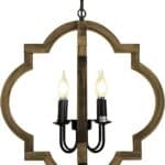 A 21.7" Farmhouse orb chandelier with a geometric, circular orb design, featuring four exposed bulbs on black fixtures, suspended by a chain.