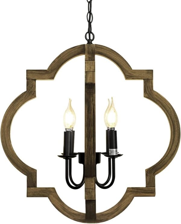 A 21.7" Farmhouse orb chandelier with a geometric, circular orb design, featuring four exposed bulbs on black fixtures, suspended by a chain.