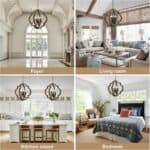 Collage of four elegant home interiors: a foyer with arched ceilings, a cozy living room, a kitchen with an island, and a bedroom with a patterned bedspread. Each room features a 21.7" Farmhouse orb Chandelier, 4-Light Adjustable Height Handmade Rustic Wood Light Fixture.