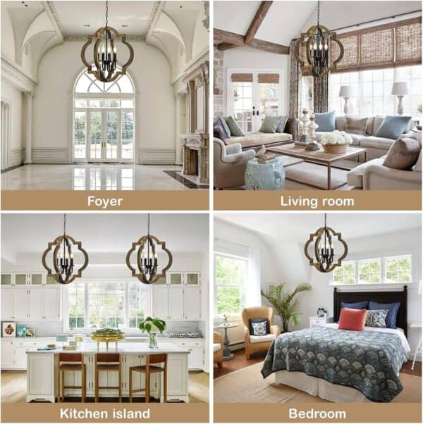 Collage of four elegant home interiors: a foyer with arched ceilings, a cozy living room, a kitchen with an island, and a bedroom with a patterned bedspread. Each room features a 21.7" Farmhouse orb Chandelier, 4-Light Adjustable Height Handmade Rustic Wood Light Fixture.