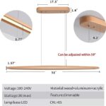 Illustration showing dimensions and materials of a 39" Wood Linear Pendant Light LED Dimmable Hanging Light Fixture with adjustable height feature, noted in both metric and imperial units.