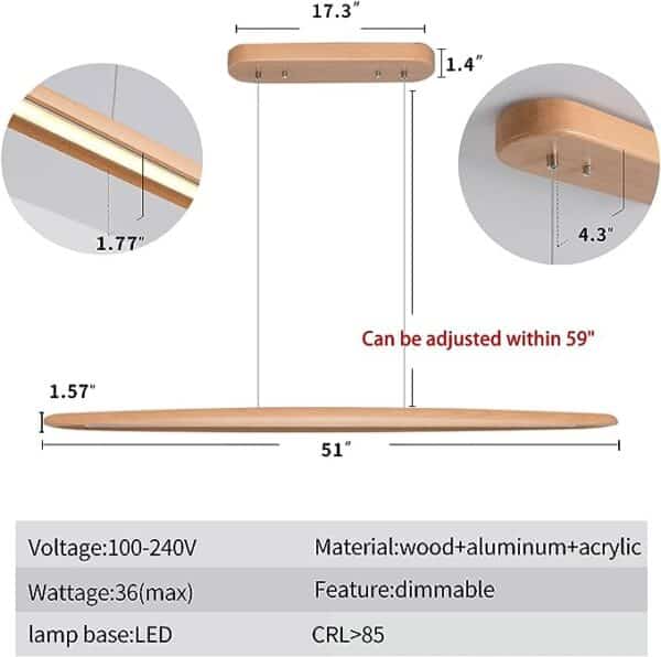 Illustration showing dimensions and materials of a 39" Wood Linear Pendant Light LED Dimmable Hanging Light Fixture with adjustable height feature, noted in both metric and imperial units.