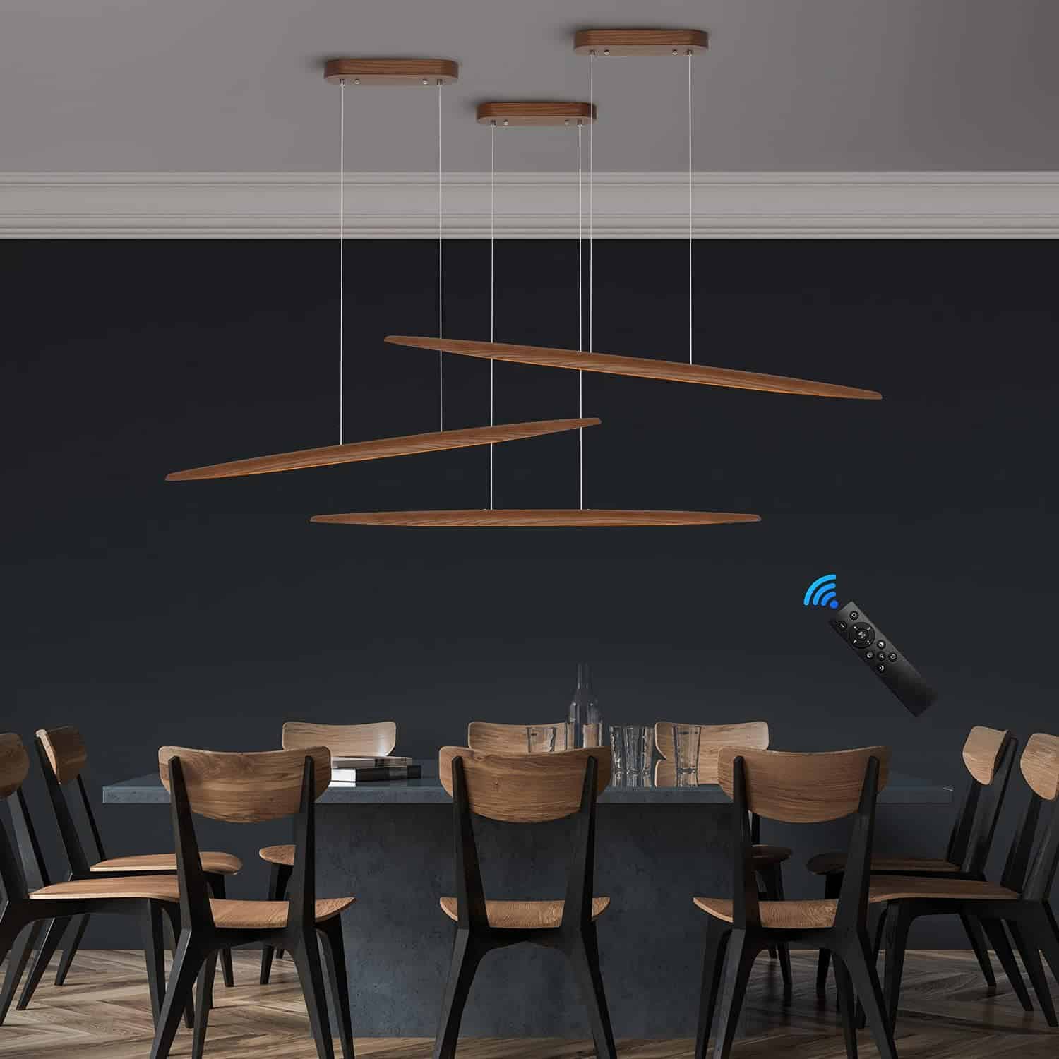 39 Wood Linear Pendant Light LED Dimmable Light Fixture Wood Linear Dinning Room Light Island Lights 24w for Dining Room Kitchen Island Pool Table Walnut Color 4