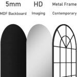 Three Arched Window Finished Metal Mirrors with descriptions: left in black with MDF backboard, center in white with HD imaging, right in finished metal, labeled "contemporary gorgeous.