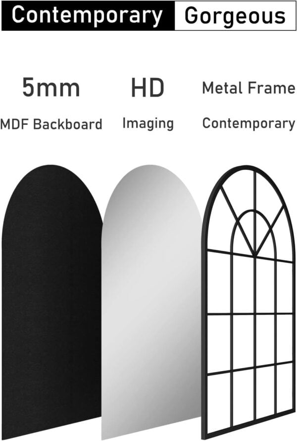 Three Arched Window Finished Metal Mirrors with descriptions: left in black with MDF backboard, center in white with HD imaging, right in finished metal, labeled "contemporary gorgeous.