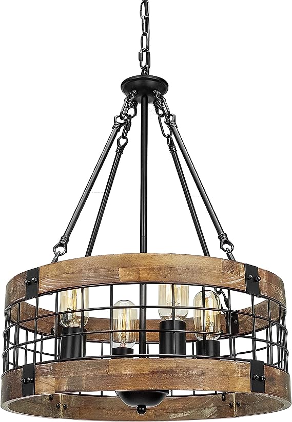 ACNKTZ Farmhouse Rustic Chandelier Light Fixture 4-Light Round Hanging Pendant Lighting for Dining Room Entryway Kitchen Island Foyer Breakfast Area Black Wood and Black Metal Finish 1
