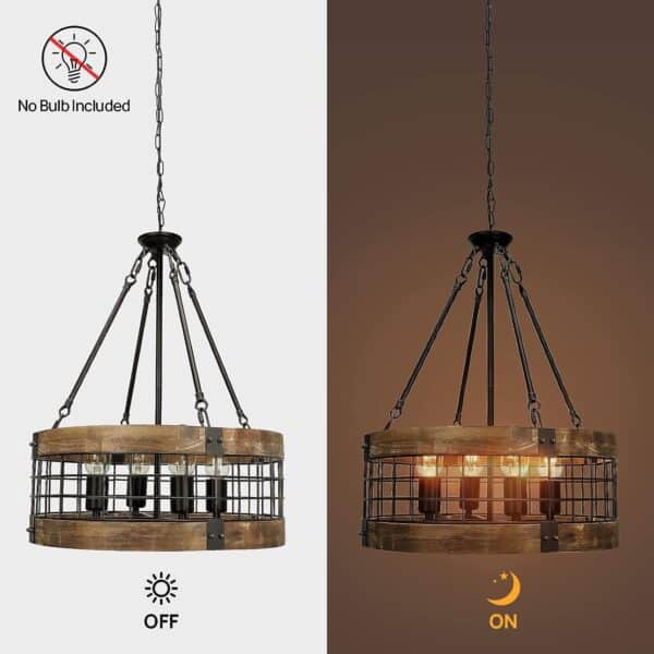 Farmhouse Rustic Chandelier Light Fixture 4-Light Round Hanging Pendant Lighting Black Wood and Black Metal Finish off and on, showing exposed bulbs and metal frame with chain, against a plain background.