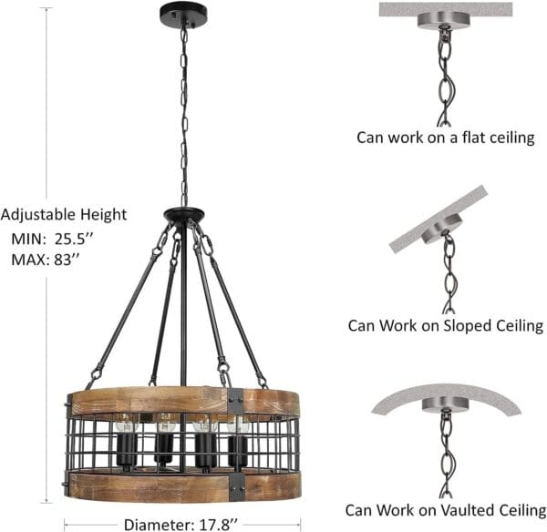 Illustration of a Farmhouse Rustic Chandelier Light Fixture 4-Light Round Hanging Pendant Lighting Black Wood and Black Metal Finish with an adjustable-height design, crafted from wood and metal, demonstrating compatibility with flat, sloped, and vaulted ceilings.