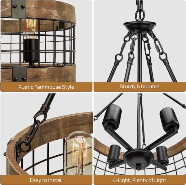 Collage of a Farmhouse Rustic Chandelier Light Fixture 4-Light Round Hanging Pendant Lighting Black Wood and Black Metal Finish: close-ups of wooden rim, metal cage, ceiling mount, and all four lights, labeled as durable, easy to install, and bright.