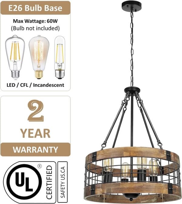 Farmhouse Rustic Chandelier Light Fixture 4-Light Round Hanging Pendant Lighting Black Wood and Black Metal Finish with a wooden barrel design and metal top, suspended by chains, showing three bulb sockets and a two-year warranty label.