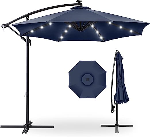 Best Choice Products 10ft Solar LED Offset Hanging Market Patio Umbrella for Backyard Poolside Lawn and Garden w Easy Tilt Adjustment Polyester Shade 8 Ribs Navy Blue 1