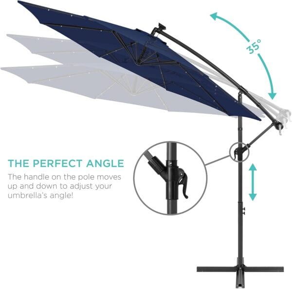 Illustration showing the adjustable angle feature of a 10ft Solar LED Offset Hanging Market Patio Umbrella w/Easy Tilt Adjustment Polyester Shade 8 Ribs, highlighting its tilt mechanism and sturdy base.