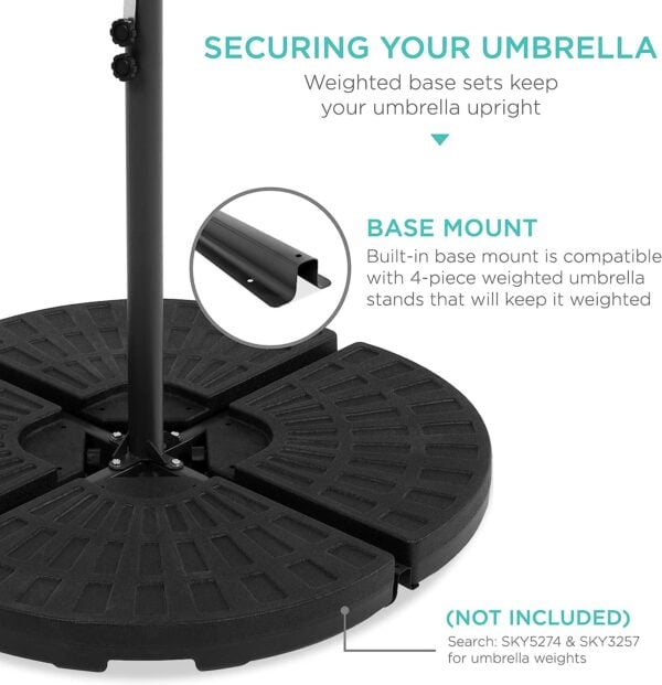 Black sectional umbrella base with a built-in mount, compatible with the 10ft Solar LED Offset Hanging Market Patio Umbrella w/Easy Tilt Adjustment Polyester Shade 8 Ribs. The text indicates it keeps your umbrella upright.