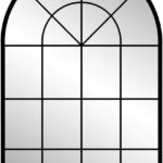 Arched Window Finished Metal Mirror (Product Name) with a black metal frame, featuring geometric divisions creating a windowpane effect.