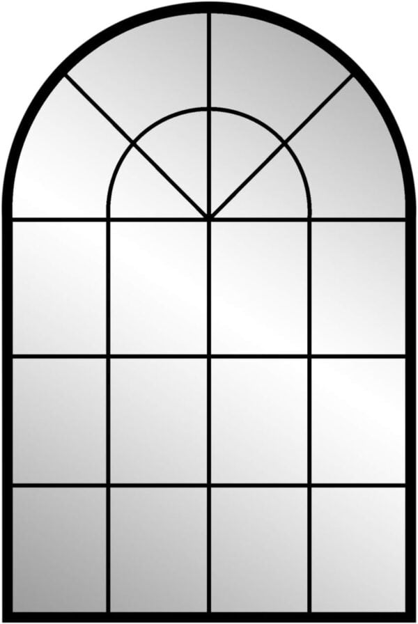 Arched Window Finished Metal Mirror (Product Name) with a black metal frame, featuring geometric divisions creating a windowpane effect.