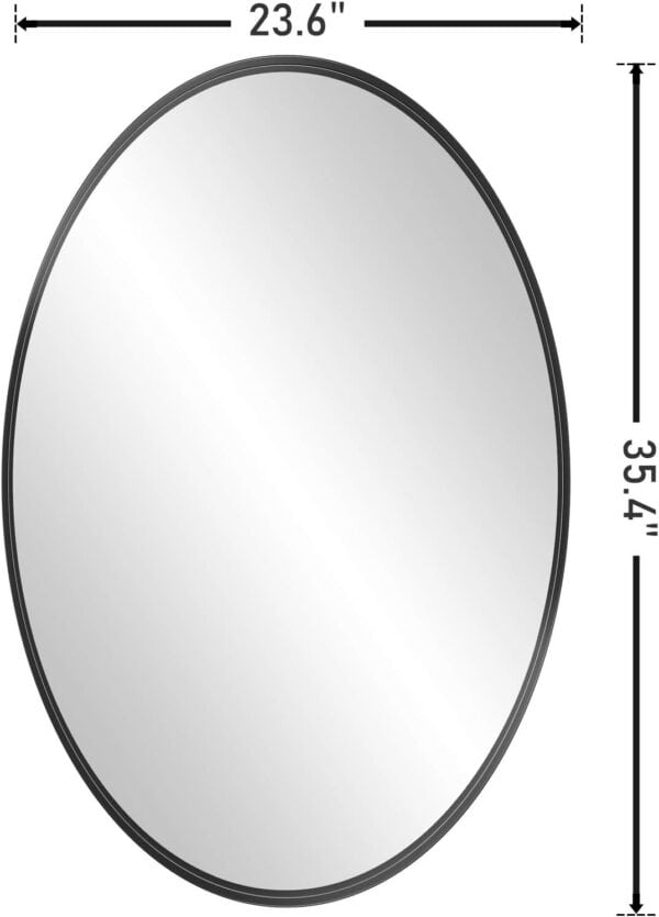 24×36in Oval Metal-Framed Wall Mirror Black Vanity Mirror with dimensions labeled, featuring a width of 23.6 inches and a height of 35.4 inches.