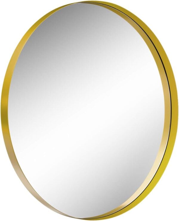 18 Inches Circle Metal-Frame Wall Mirror for Living Room Bedroom with a thin golden metal-frame, isolated on a white background.