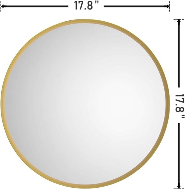 18 Inches Circle Metal-Frame Wall Mirror for Living Room Bedroom with a thin gold metal frame, measuring 17.8 inches in diameter, displayed on a plain white background.