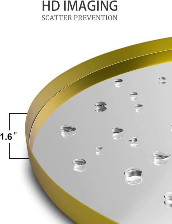 Close-up of a section of a 18 Inches Circle Metal-Frame Wall Mirror for Living Room Bedroom with a "hd imaging scatter prevention" label, showcasing its thickness and water droplets on the surface.