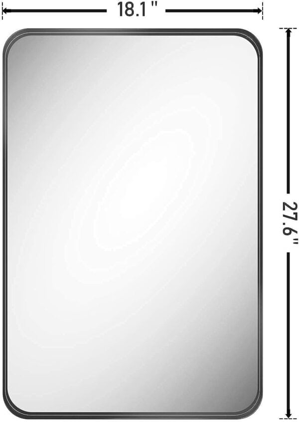 Vertical rectangle metal frame mirror with rounded corners and dimensions labeled: 18 x 28 inches wide and tall.